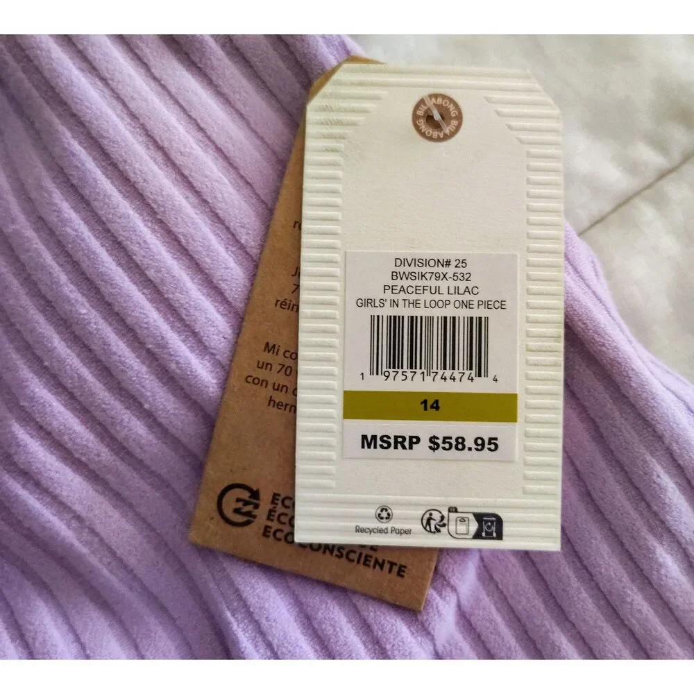 NWT Billabong Girls Size 14 One Piece Swimsuit UPF 50 Purple Tween Middle School